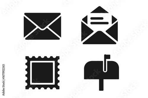 Postal icon set. Solid glyph vector icons of mail communication symbols. Envelope closed and open with letter, postage stamp, and mailbox. Post delivery correspondence concept.