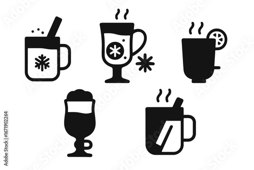 Winter cocktail icon collection. Solid filled vector set of seasonal hot drinks including eggnog, mulled wine, hot toddy, Irish coffee, spiked cider, festive beverages on transparent background