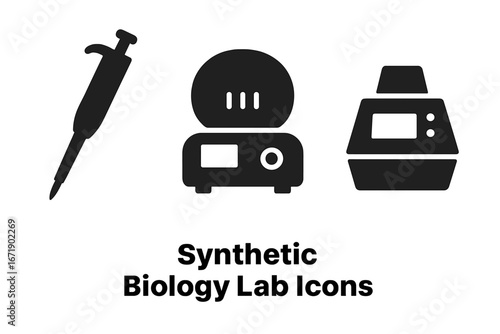 Solid synthetic biology lab icons set featuring filled vector illustrations of micropipette, centrifuge, PCR machine, laboratory tools, biotechnology equipment on transparent background