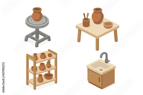 Pottery studio isometric icon set. Ceramics workshop equipment. Clay art craft hobby concept. Potter's wheel, table with tools, vase, shelving with pots, sink vector illustration.