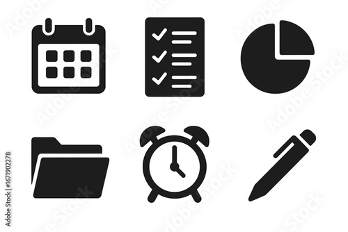 Project planning solid icon set. Business management glyph icons. Calendar, checklist, pie chart, folder, clock, pen. Workflow, productivity, time management vector symbols.