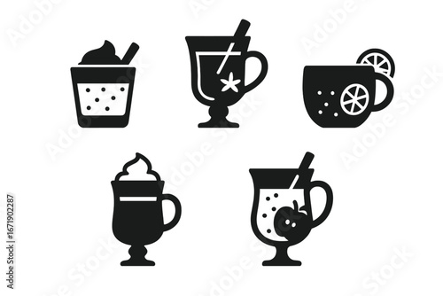 Winter cocktail icons set with solid filled style including eggnog, mulled wine, hot toddy, Irish coffee, spiked cider, festive drink illustrations, cozy holiday beverages vector