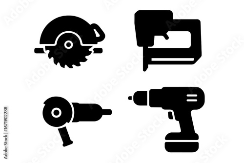 Power tools glyph icon set. Carpentry and construction equipment. Circular saw, angle grinder, cordless drill and nail gun solid black pictograms for DIY, workshop or repair.