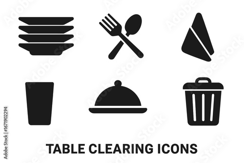 Table clearing icons set featuring solid filled style vector illustrations of plate stacks, cutlery, napkins, glasses, trays, food leftovers, and trash symbols for dining cleanup