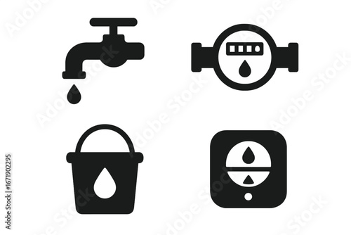Water conservation icons set with solid filled style including dripping faucet, water meter, bucket collection, and dual vector illustrations on transparent background for eco saving concept