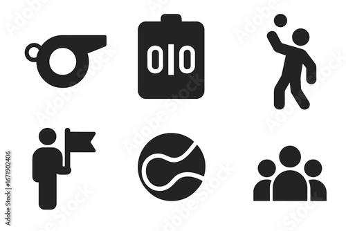 Solid Tennis Icon Set. Filled Vector Illustration of Tennis Match Elements Whistle, Scorecard, Ball Toss, Line Judge Flag, Tennis Ball, Spectator Crowd. Modern Sports Symbols.