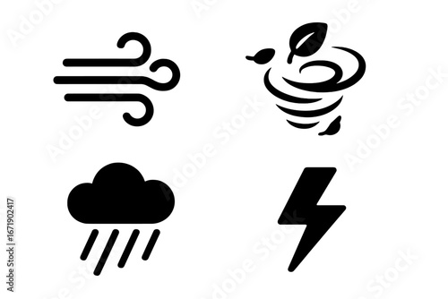 Solid Weather Icon Set with Wind Gusts, Swirling Leaves, Rain Cloud, and Lightning Bolt – Vector Illustration of Atmospheric Elements and Wind Effects on Transparent Background