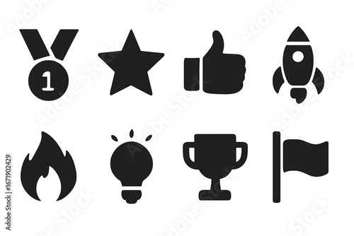 Team motivation icons set with solid filled design including medal, star, thumbs up, fire, rocket, light bulb, trophy, flag for success, achievement, and inspiration concepts