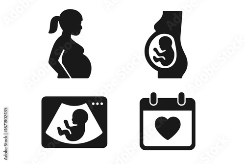 Pregnancy icon set. Vector symbols of pregnant woman, baby bump, fetus in womb, ultrasound scan, and due date calendar. Maternity, obstetrics, and gynecology concepts.