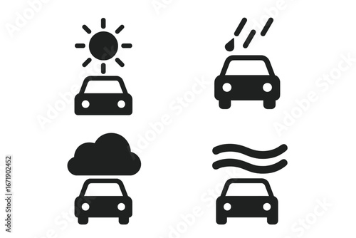 Weather road icons set with solid filled style including clear sky, rain on windshield, cloud cover, foggy conditions, vector illustration for weather and travel design
