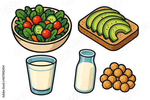 Healthy meal vector cartoon set. Fresh food icons with salad, avocado toast, milk, chickpeas. Nutrition, diet, and balanced eating concept. Healthy lifestyle illustration.