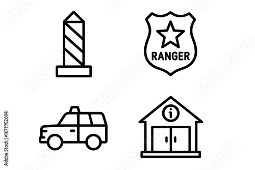 Protected area management icons. Ranger badge, boundary post, patrol car, visitor center. National park service symbols. Nature reserve and conservation vector outline icon set.
