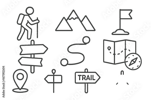 Hiking Trail Outline Icon Set, Adventure and Navigation Signs Collection, Vector Cartoon Illustration with Transparent Background, Outdoor Exploration and Map Symbols