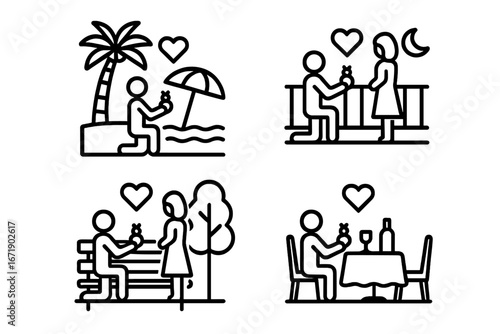 Marriage proposal icon set. Vector line art pictograms of a couple getting engaged on a beach, rooftop, park bench, and at a restaurant. Romantic engagement and love concepts.
