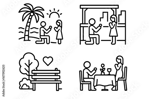 Proposal icon set. Man proposing to woman. Marriage engagement scenes. Romantic locations: beach, rooftop, park, restaurant. Vector outline icons. Love and relationship concept.