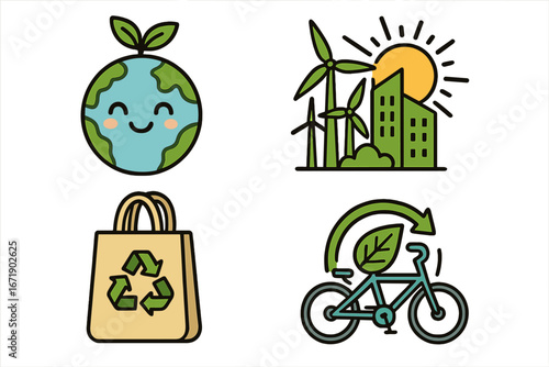 Iconic sustainability and eco-friendly practices promoting green urban lifestyle, renewable energy, recycling, and environmentally conscious living, vector cartoon illustration