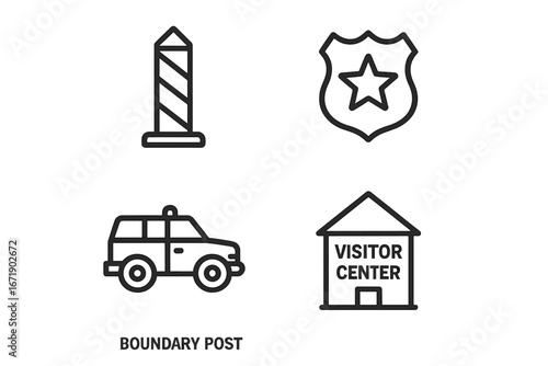 Protected area management line icon set. Vector symbols for national park, conservation, and border security. Includes ranger badge, patrol vehicle, visitor center, boundary post.
