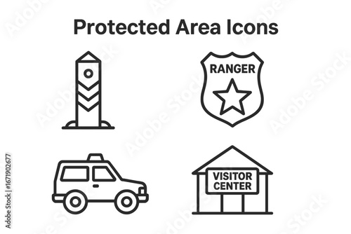 Protected area and national park management icon set. Vector outline symbols of a boundary post, ranger badge, patrol car, and visitor center. Conservation and tourism concept.