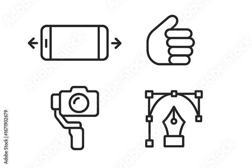 Vector outline icon set for technology and design. Includes concepts for smartphone responsive UI, social media like gesture, video camera stabilizer gimbal, and graphic design pen tool.