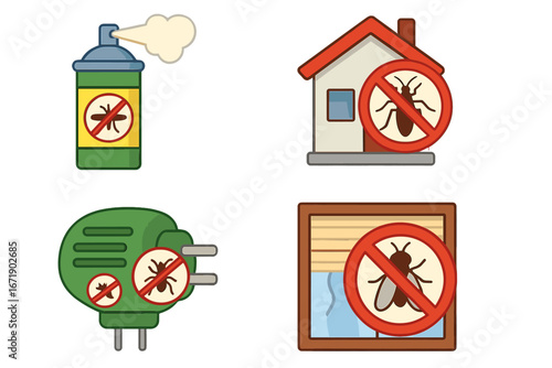 Vector Illustrations of Insect Repellents and Pest Prevention Signs for Indoor Home Protection, Mosquito and Bug Control, Pest-Free House Concept, Transparent Background Set