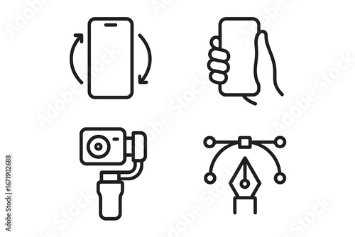 Design and technology outline icon set. Smartphone orientation rotation, hand holding mobile, video camera gimbal stabilizer, vector graphic pen tool. Linear pictogram symbols.