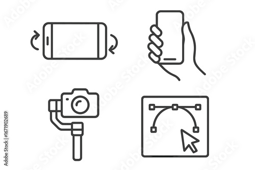 Product design and CG outline icon set. Vector illustration includes smartphone orientation, handheld grip, camera gimbal for video, and a graphic design pen tool with curve.