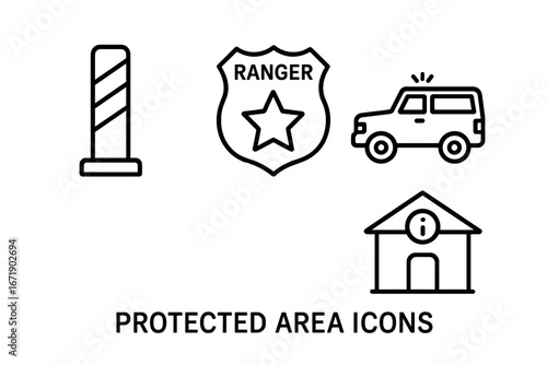 Protected area management outline icon set. National park and nature reserve symbols. Includes boundary post, ranger badge, patrol vehicle, visitor information center. Vector.