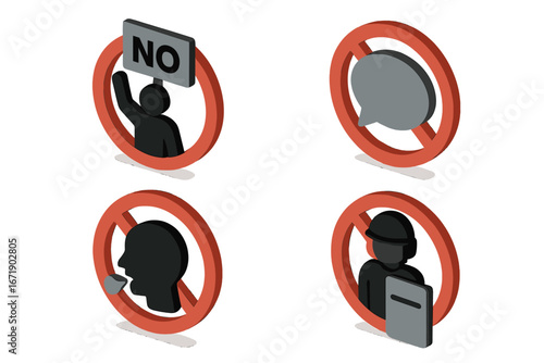 Protest suppression isometric icon set. Censorship and restricted freedom of speech concept. Vector icons of banned protest, silenced speech, and police force. Human rights.