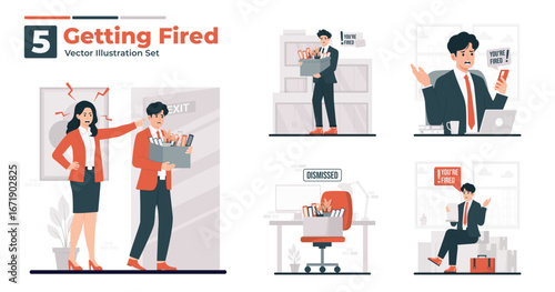 Fired vector illustration set employee being fired losing job, holding a box of office supplies with a worried expression, angry boss, receiving a termination notice, and sitting in a dismissed office