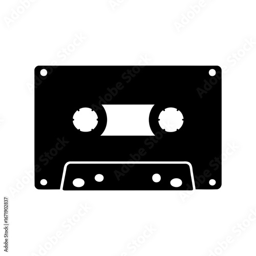 Monochrome cassette tape illustration on white background, symbolizing vintage music technology