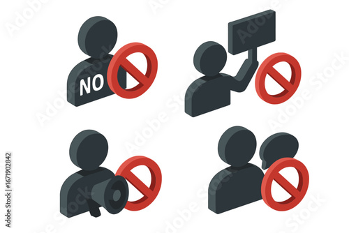 Protest suppression and censorship vector icon set. Isometric icons for freedom of speech, human rights, and restricted communication. Ban on dissent and public demonstration.