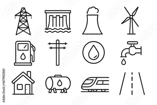 Infrastructure utility line icon set, energy and transportation linear style collection, vector cartoon illustration with transparent background, ordered set of energy, transport icons