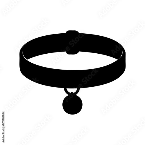 Black and white silhouette of a pet collar with hanging bell.