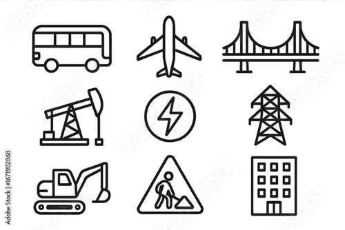 Infrastructure icons outline set with transport, energy, and construction symbols, vector cartoon illustration transparent background, ordered set of industrial and urban icons