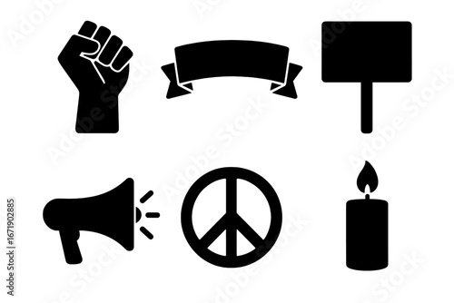 Protest and activism vector icon set. Raised fist, peace symbol, banner, placard, megaphone, candle. For concepts of revolution, social movement, justice, rights. Silhouette.