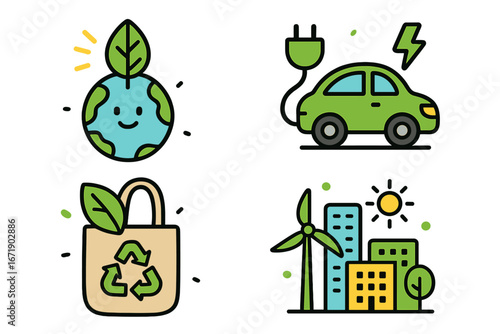 Innovative Symbols of Sustainability and Eco-friendly Practices in Modern Urban Life, Vector Cartoon Illustration, Renewable Energy, Electric Car, Recycling, Green City Concepts