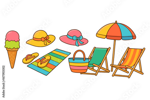 Vibrant Summer Beach Essentials Vector Illustration with Ice Cream, Colorful Hats, Flip-Flops, Beach Towels, Lounge Chairs, Umbrella, and Striped Tote Bag for Vacation Fun