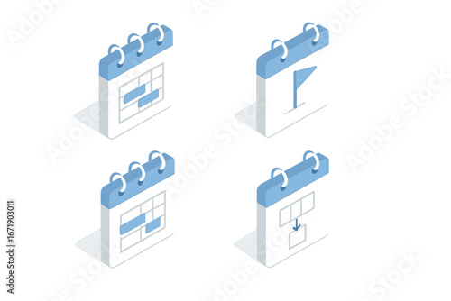Project timeline isometric icon set. Gantt chart on calendar, milestone flag, task dependency. Business management, planning, scheduling, workflow process vector symbols.