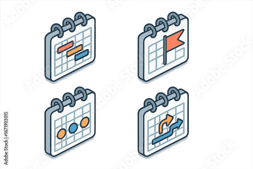 Isometric project timeline icon set. Vector illustration of business management symbols like Gantt chart, calendar schedule, task dependency, and project milestone planning.