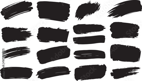 Brush set. Vector black paint brush spots, highlighter lines or felt-tip pen marker. Ink smudge abstract shape stains and smear set with texture 
