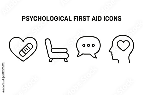 Psychological first aid vector icon set. Mental health, therapy, counseling. Outline icons: heart with bandage, chair, speech bubble, head with heart for emotional support.