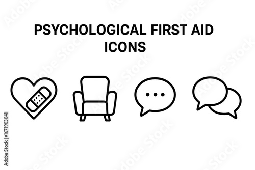 Psychological first aid icon set. Outline vector icons for mental health support, therapy, and counseling. Heart with bandage, armchair, and speech bubble for communication.