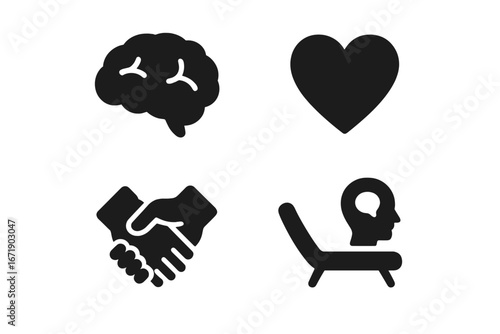 Psychological support solid glyph icon set. Mental health, psychology concept. Brain, heart, handshake, therapy session vector. Mind, emotions, counseling, psychiatrist design.