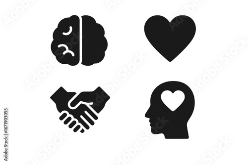 Psychological support solid glyph icon set. Mental health, therapy, psychology concept. Brain, heart, handshake, head with heart symbol. Empathy, counseling vector illustration.