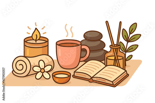 Cozy relaxation and self-care items flat lay vector illustration with candle, tea cup, spa stones, towel, diffuser, flower, and book for wellness and mindfulness