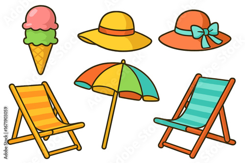 Bright colorful beach day essentials with ice cream cones, sun hats with ribbons, striped lounge chairs, and multicolor beach umbrella vector cartoon illustration set