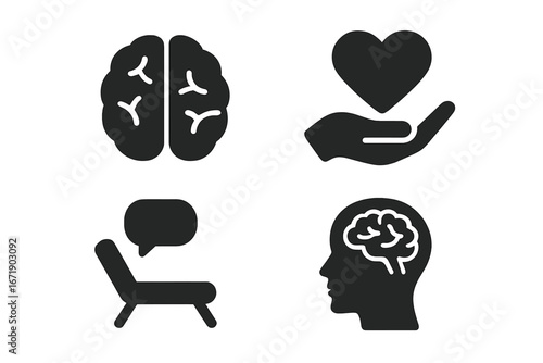 Psychological support solid glyph icon set. Mental health, psychology, and therapy concept. Vector icons of brain, head, heart in hand, and therapist couch for counseling.