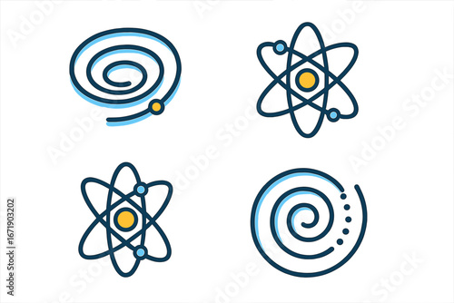 Quantum physics icon set. Atom, particle, electron orbit, and energy spiral symbols. Science and technology concept vector. Nuclear research and molecular structure illustration.