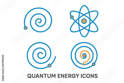 Quantum physics icon set. Science and technology concept. Atom, electron orbit, particle spiral icons. Nuclear energy research vector logo. Abstract molecular structure illustration.