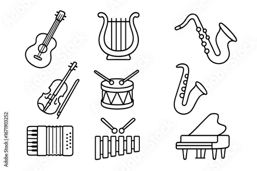 Musical instrument outline icon set, harmonized music instruments collection, vector cartoon style isolated icons on white background, ordered set of 9 unique music instrument illustrations